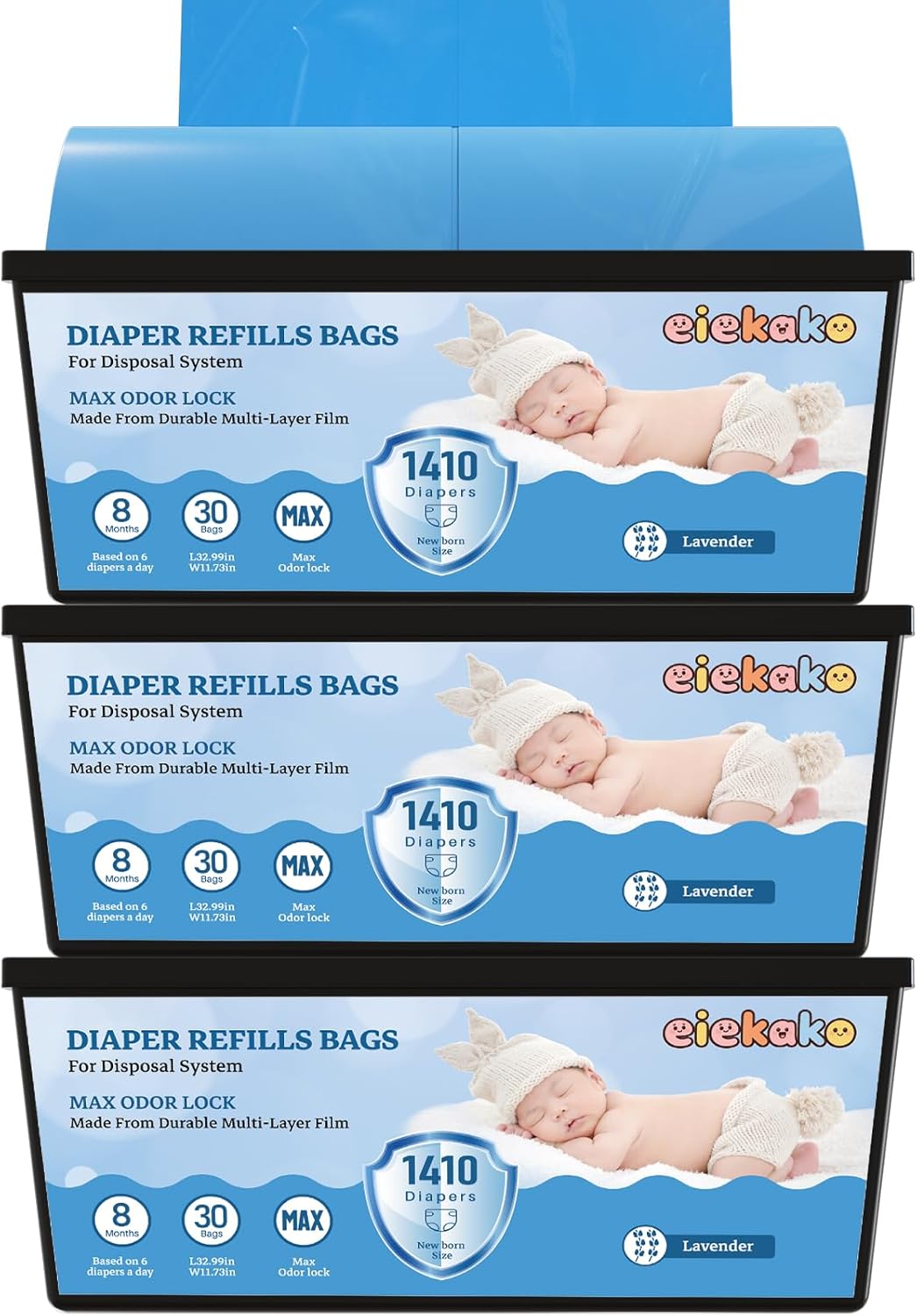Diaper Refill Bags Compatible with Genie Easy Roll & Platinum Diaper Pails, 7-Layer Odor Control, Extra Thick, 3-pack (90 Bags), Holds up to 4200 Newborn Diapers