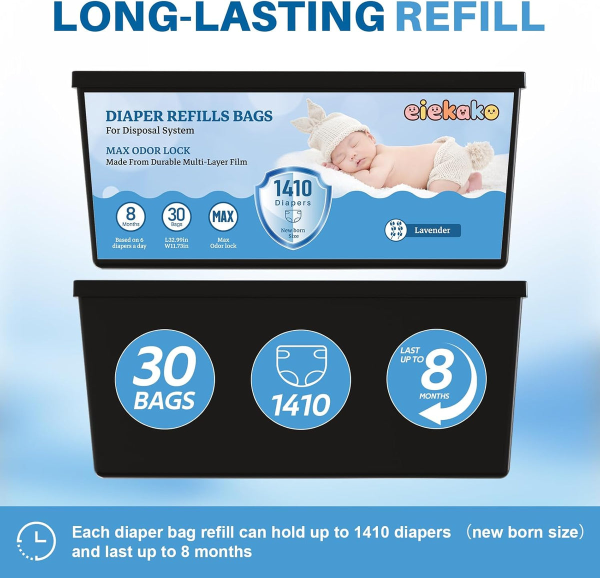 Diaper Refill Bags Compatible with Genie Easy Roll & Platinum Diaper Pails, 7-Layer Odor Control, Extra Thick, 3-pack (90 Bags), Holds up to 4200 Newborn Diapers