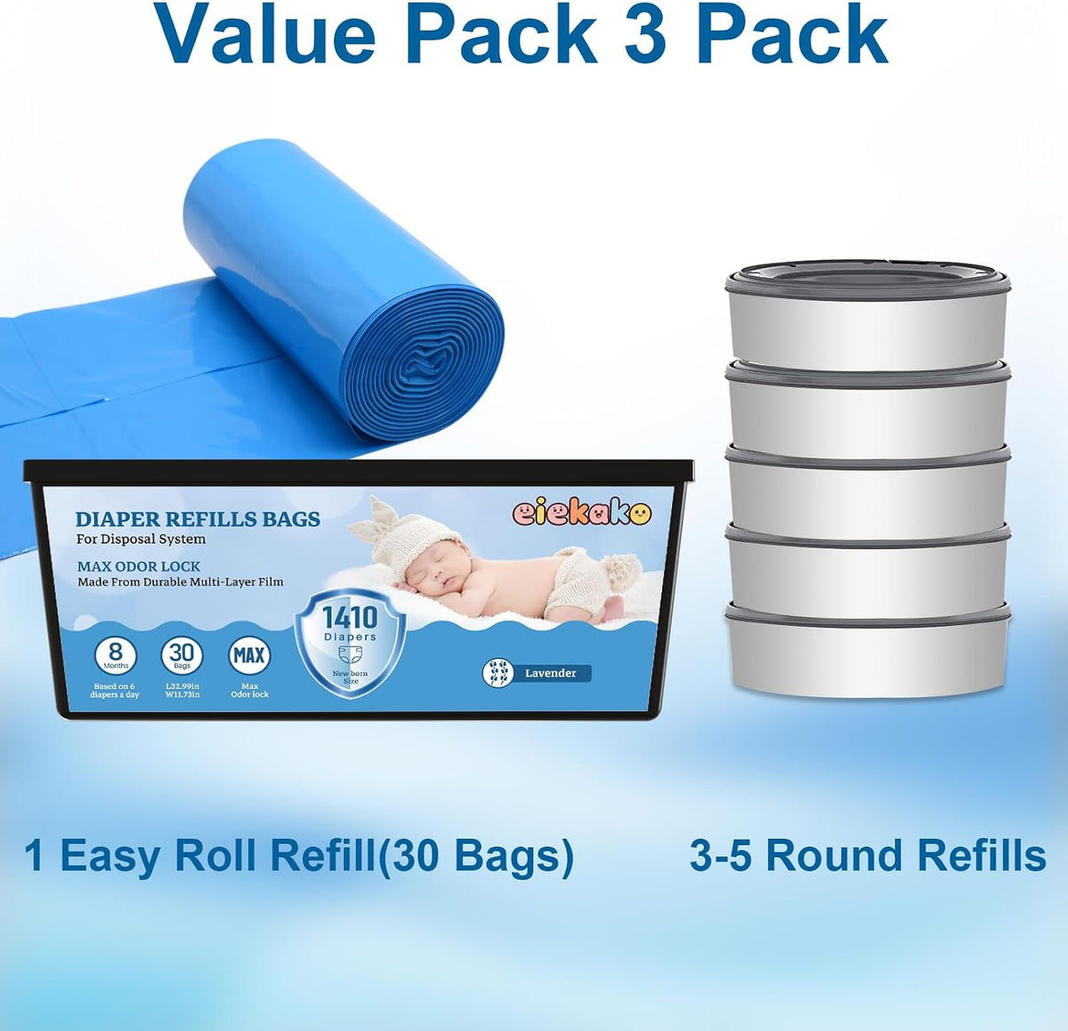 Diaper Refill Bags Compatible with Genie Easy Roll & Platinum Diaper Pails, 7-Layer Odor Control, Extra Thick, 3-pack (90 Bags), Holds up to 4200 Newborn Diapers