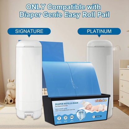 Diaper Refill Bags Compatible with Genie Easy Roll & Platinum Diaper Pails, 7-Layer Odor Control, Extra Thick, 3-pack (90 Bags), Holds up to 4200 Newborn Diapers