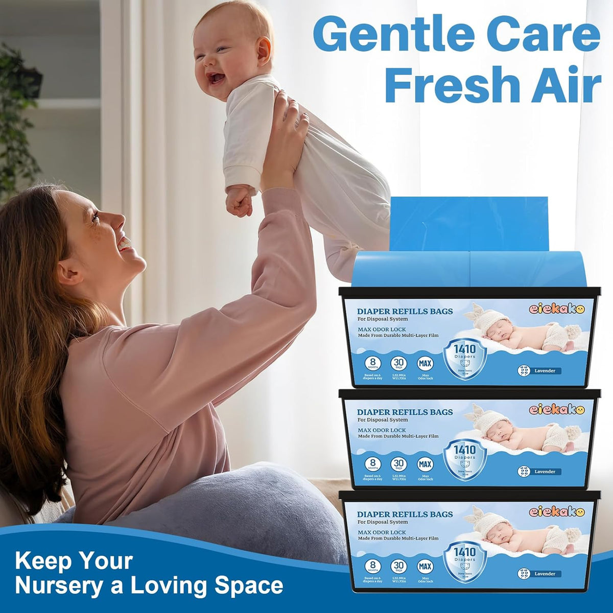 Diaper Refill Bags Compatible with Genie Easy Roll & Platinum Diaper Pails, 7-Layer Odor Control, Extra Thick, 3-pack (90 Bags), Holds up to 4200 Newborn Diapers