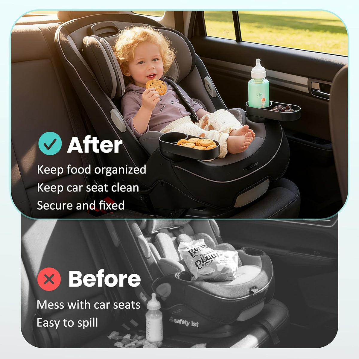 2PCS Car Seat Snack Tray with Cup Holder for Safety 1st EverFit & Grow and Go | Maxi-COSI Pria | Cosco All-in-One Car Seat, Car Seat Cup Holder Accessory, Dishwasher Safe, Black (Model C6577&C6474)