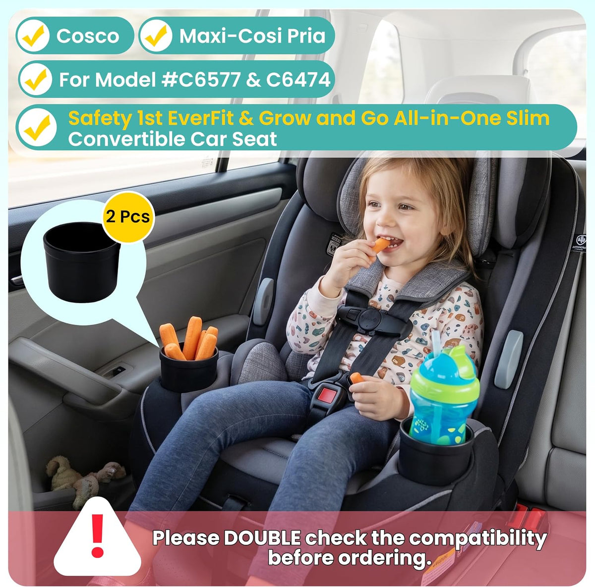 2PCS Car Seat Snack Tray with Cup Holder for Safety 1st EverFit & Grow and Go | Maxi-COSI Pria | Cosco All-in-One Car Seat, Car Seat Cup Holder Accessory, Dishwasher Safe, Black (Model C6577&C6474)