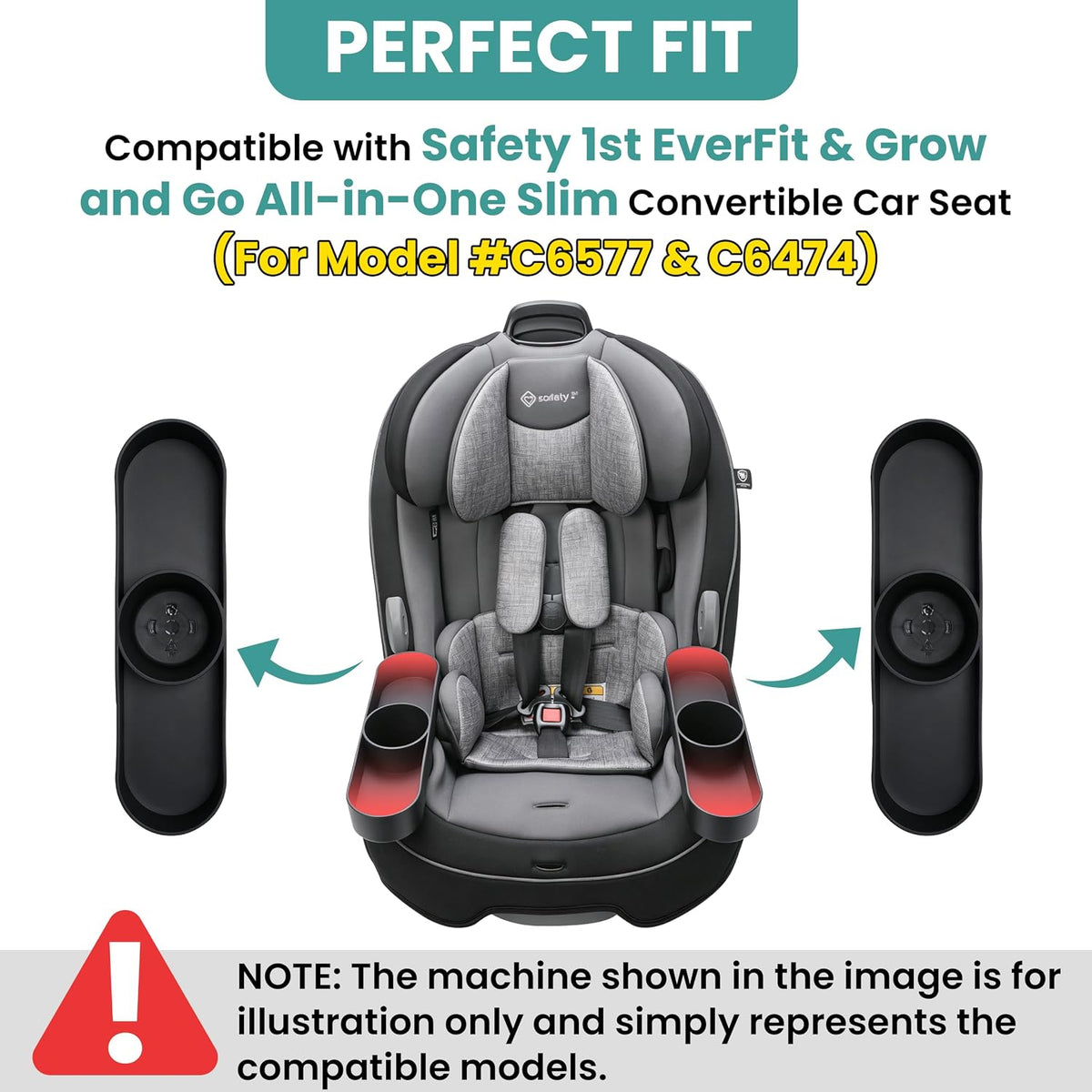2PCS Car Seat Snack Tray with Cup Holder for Safety 1st EverFit & Grow and Go | Maxi-COSI Pria | Cosco All-in-One Car Seat, Car Seat Cup Holder Accessory, Dishwasher Safe, Black (Model C6577&C6474)
