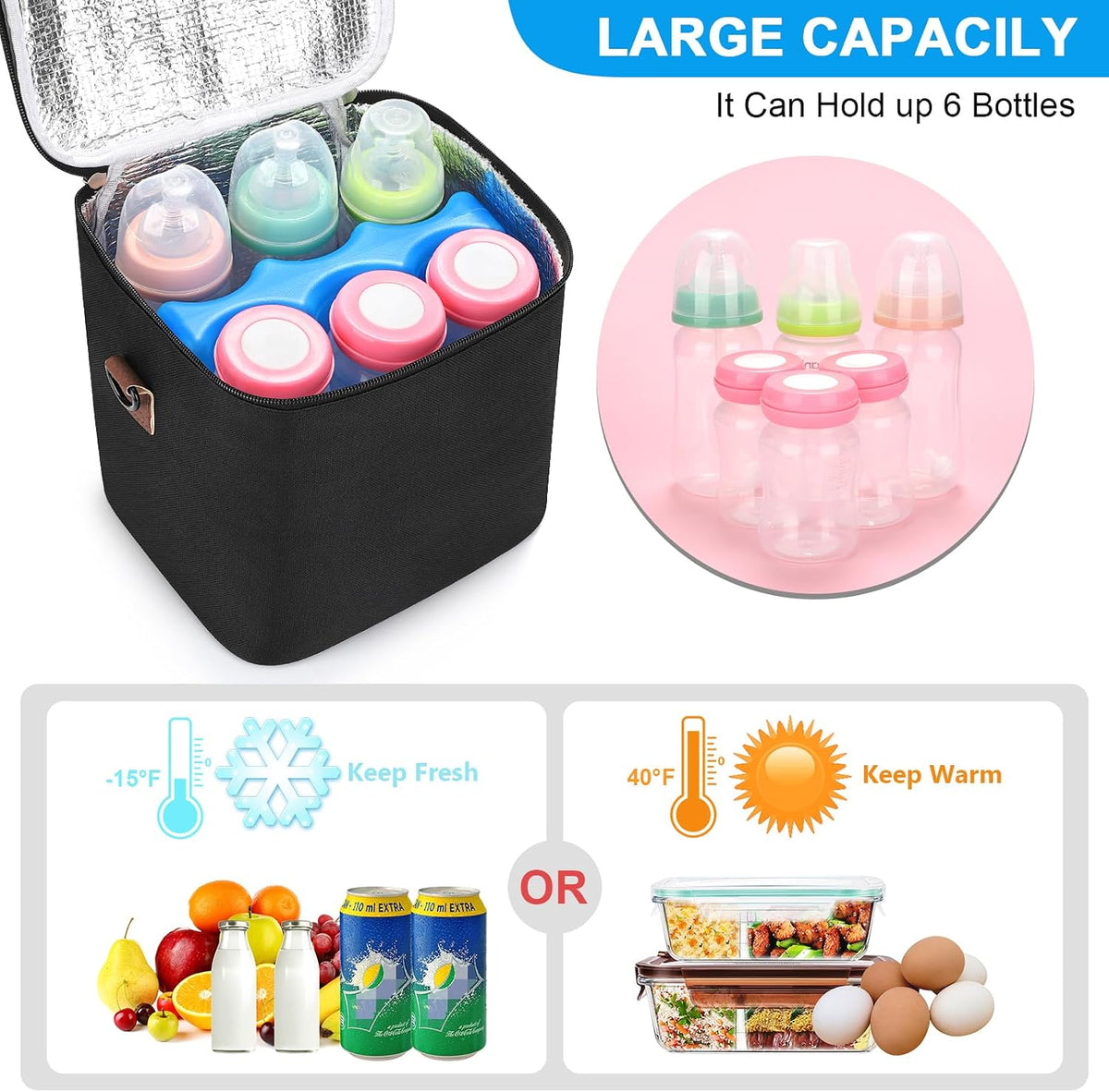 Breastmilk Cooler Bag with Ice Pack, Baby Bottle Cooler Bags, Insulated Bottle Cooler Tote Bags On The Go, Fits 6 Large 9oz Bottles, for Nursing Mom Daycare Travel, Grey