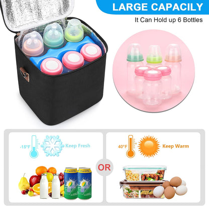 Breastmilk Cooler Bag with Ice Pack, Baby Bottle Cooler Bags, Insulated Bottle Cooler Tote Bags On The Go, Fits 6 Large 9oz Bottles, for Nursing Mom Daycare Travel, Grey