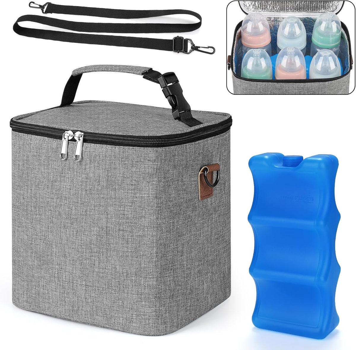 Breastmilk Cooler Bag with Ice Pack, Baby Bottle Cooler Bags, Insulated Bottle Cooler Tote Bags On The Go, Fits 6 Large 9oz Bottles, for Nursing Mom Daycare Travel, Grey
