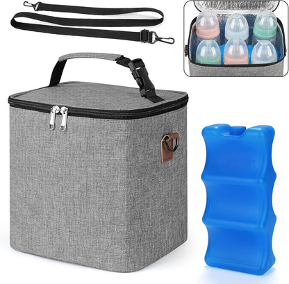 Breastmilk Cooler Bag with Ice Pack, Baby Bottle Cooler Bags, Insulated Bottle Cooler Tote Bags On The Go, Fits 6 Large 9oz Bottles, for Nursing Mom Daycare Travel, Grey