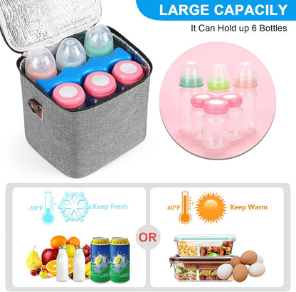 Breastmilk Cooler Bag with Ice Pack, Baby Bottle Cooler Bags, Insulated Bottle Cooler Tote Bags On The Go, Fits 6 Large 9oz Bottles, for Nursing Mom Daycare Travel, Grey