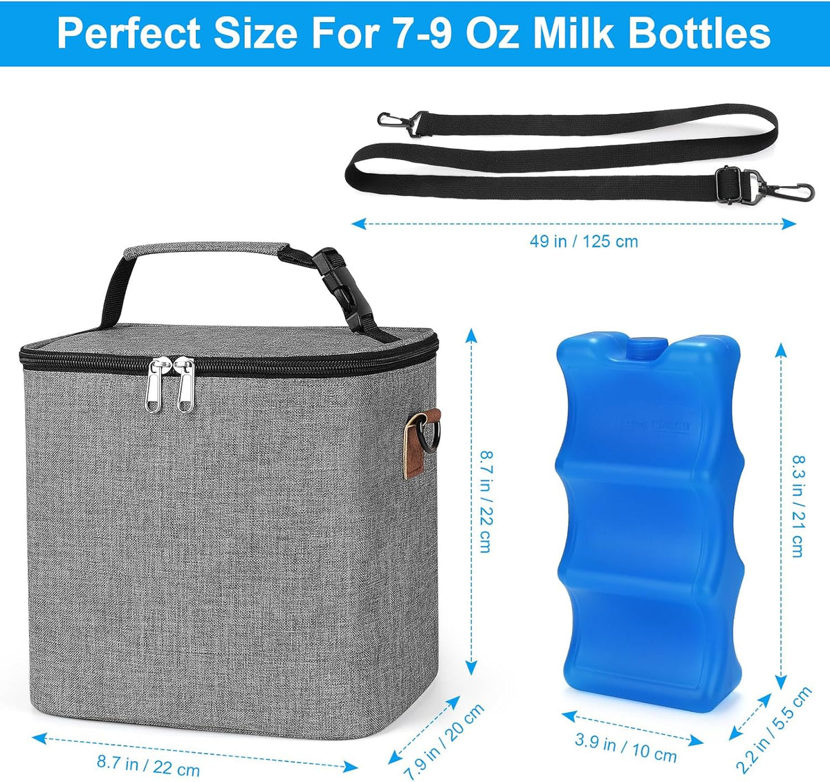 Breastmilk Cooler Bag with Ice Pack, Baby Bottle Cooler Bags, Insulated Bottle Cooler Tote Bags On The Go, Fits 6 Large 9oz Bottles, for Nursing Mom Daycare Travel, Grey