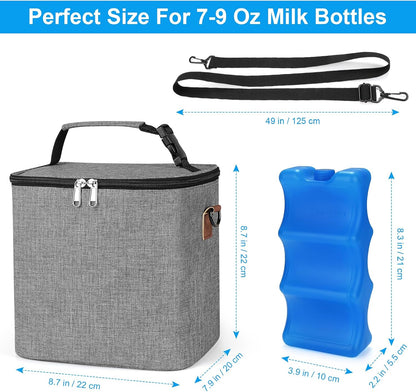 Breastmilk Cooler Bag with Ice Pack, Baby Bottle Cooler Bags, Insulated Bottle Cooler Tote Bags On The Go, Fits 6 Large 9oz Bottles, for Nursing Mom Daycare Travel, Grey