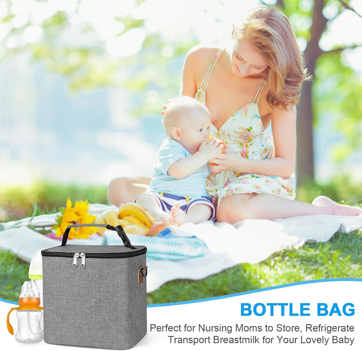 Breastmilk Cooler Bag with Ice Pack, Baby Bottle Cooler Bags, Insulated Bottle Cooler Tote Bags On The Go, Fits 6 Large 9oz Bottles, for Nursing Mom Daycare Travel, Grey