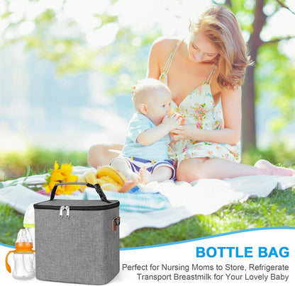 Breastmilk Cooler Bag with Ice Pack, Baby Bottle Cooler Bags, Insulated Bottle Cooler Tote Bags On The Go, Fits 6 Large 9oz Bottles, for Nursing Mom Daycare Travel, Grey