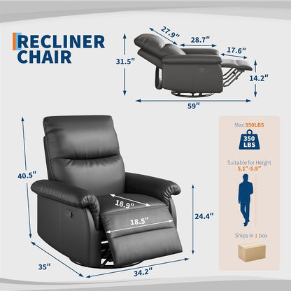 Manual Recliner Chair, 360° Swivel Rocker Glider Recliner with Padded Armrests, Modern PU Leather Upholstered Reclining Chair for Living Room Bedroom and Nursery (Dark Black)
