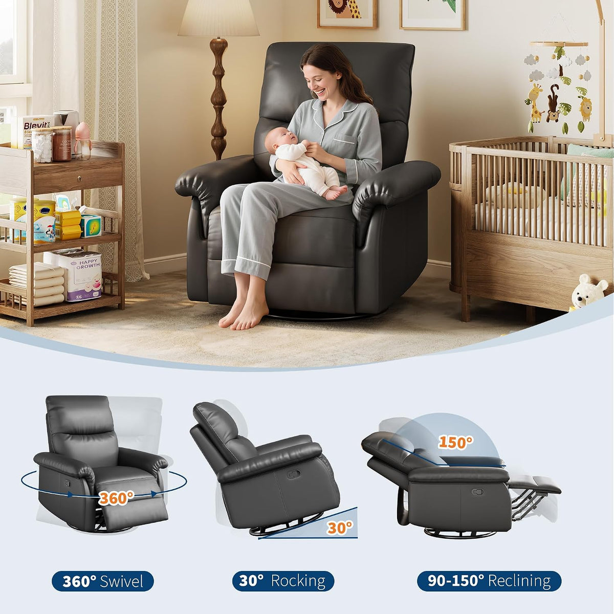 Manual Recliner Chair, 360° Swivel Rocker Glider Recliner with Padded Armrests, Modern PU Leather Upholstered Reclining Chair for Living Room Bedroom and Nursery (Dark Black)