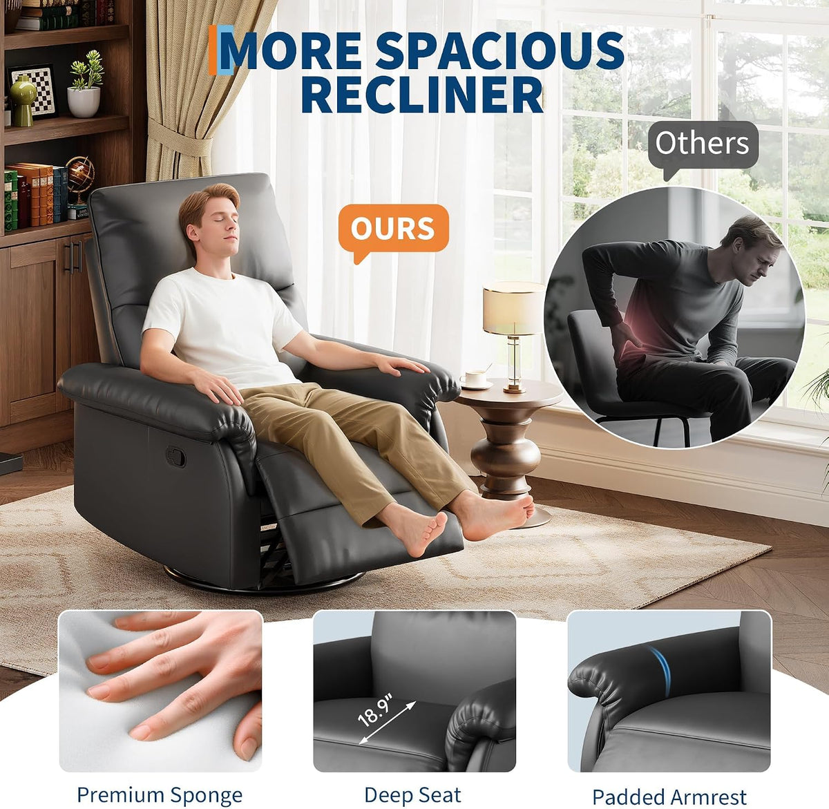 Manual Recliner Chair, 360° Swivel Rocker Glider Recliner with Padded Armrests, Modern PU Leather Upholstered Reclining Chair for Living Room Bedroom and Nursery (Dark Black)
