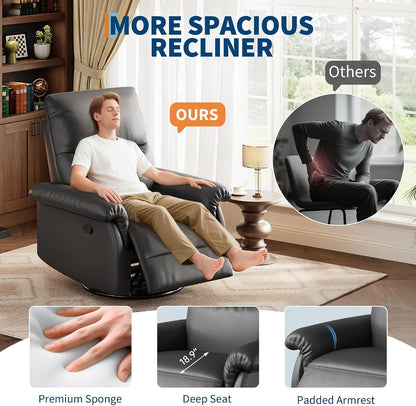 Manual Recliner Chair, 360° Swivel Rocker Glider Recliner with Padded Armrests, Modern PU Leather Upholstered Reclining Chair for Living Room Bedroom and Nursery (Dark Black)