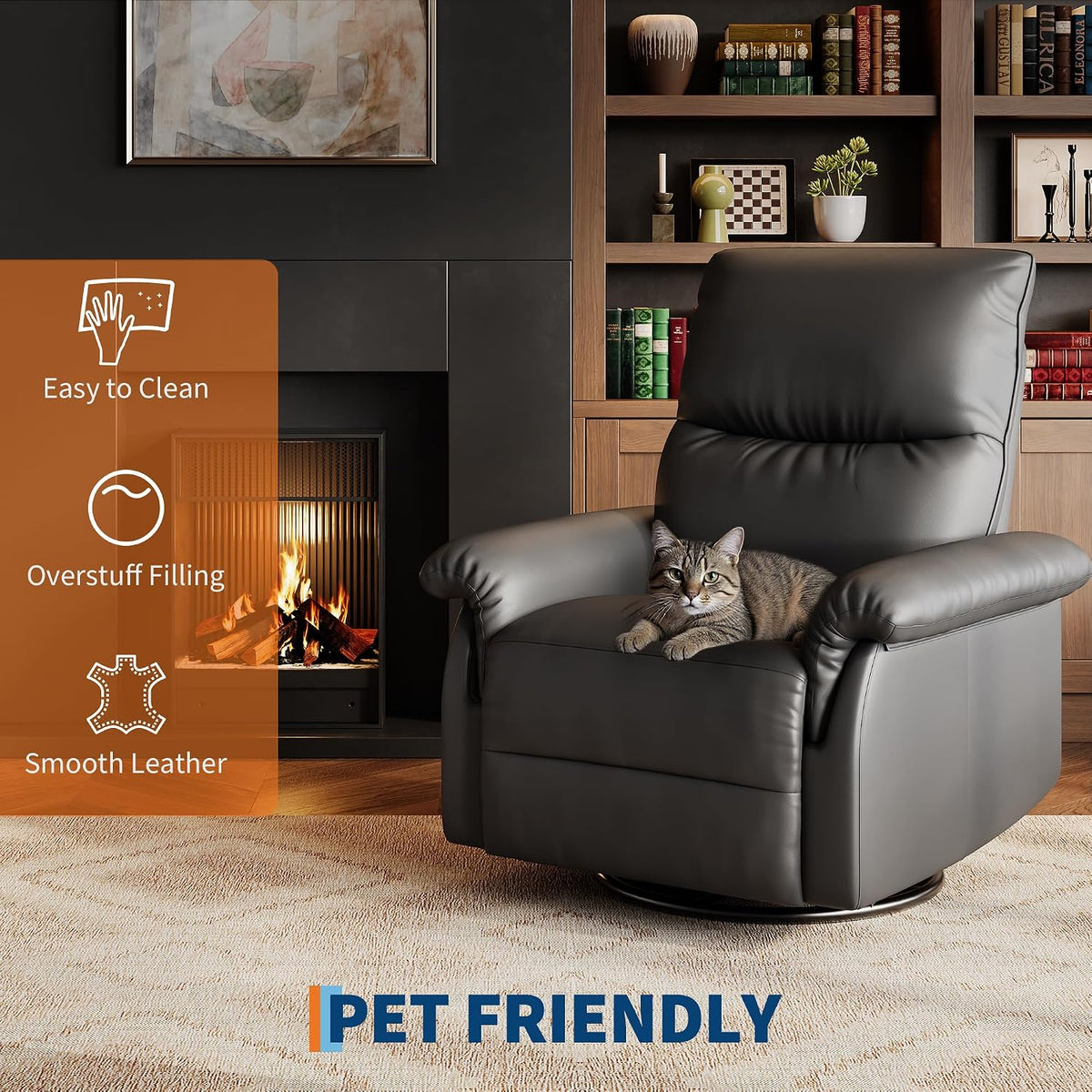 Manual Recliner Chair, 360° Swivel Rocker Glider Recliner with Padded Armrests, Modern PU Leather Upholstered Reclining Chair for Living Room Bedroom and Nursery (Dark Black)