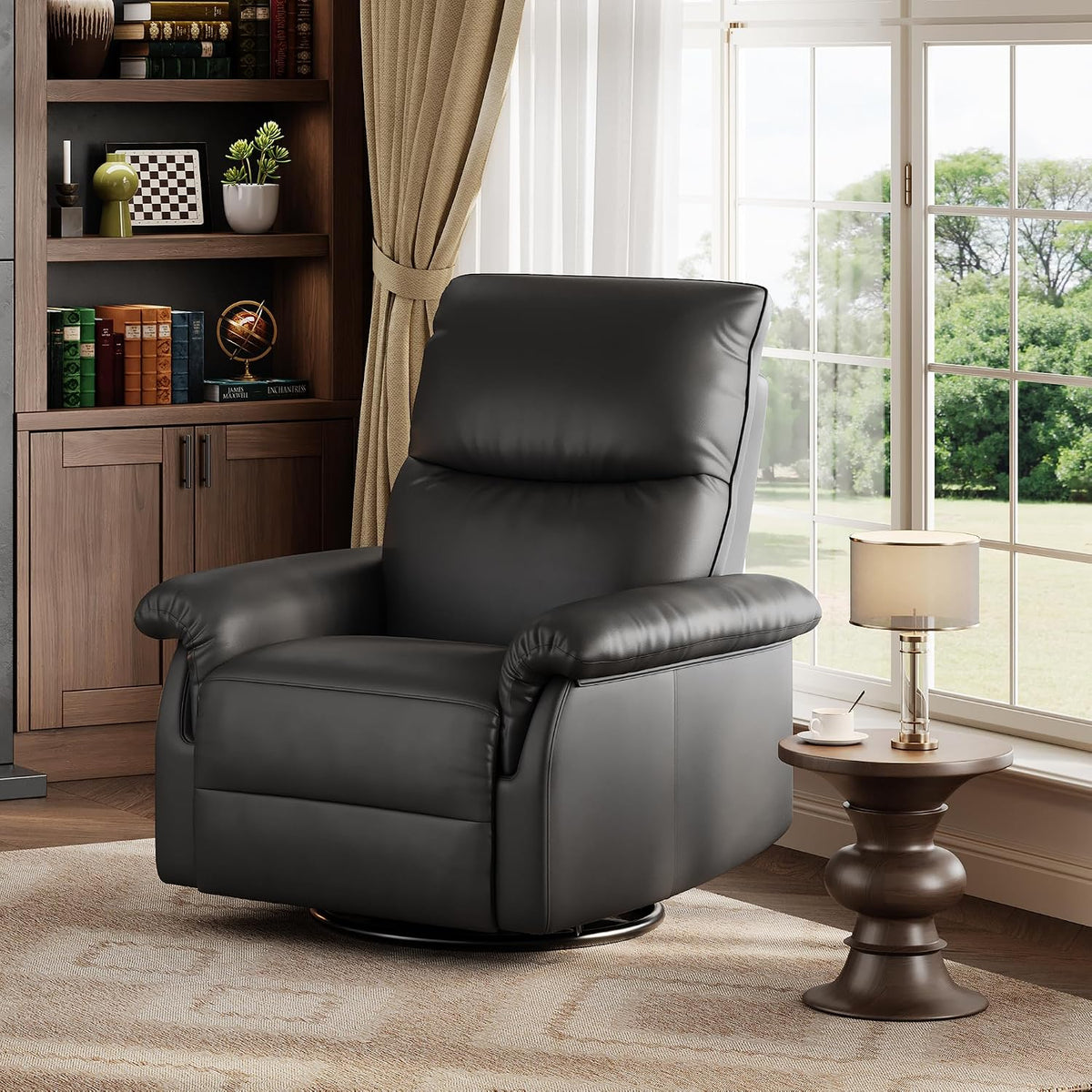 Manual Recliner Chair, 360° Swivel Rocker Glider Recliner with Padded Armrests, Modern PU Leather Upholstered Reclining Chair for Living Room Bedroom and Nursery (Dark Black)