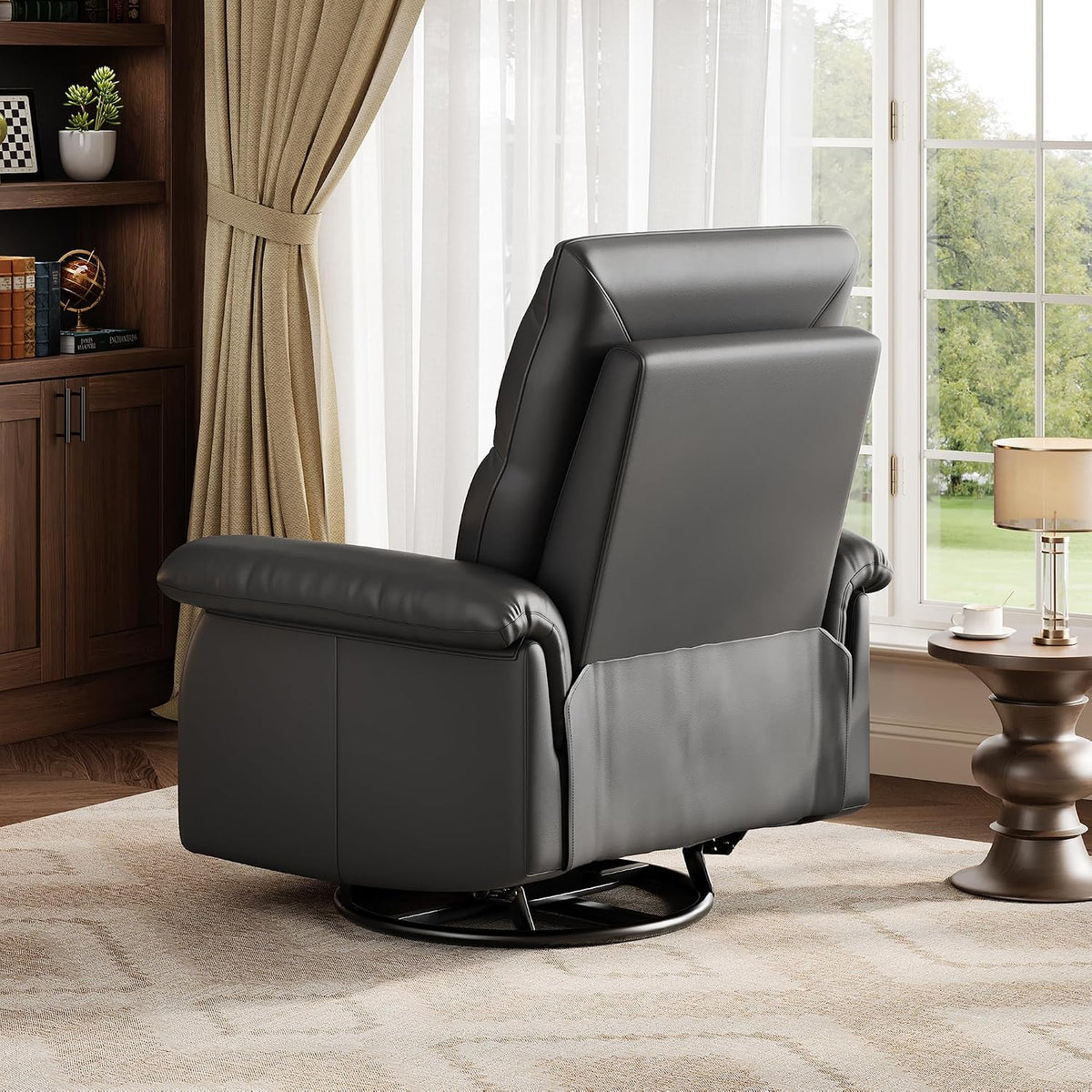 Manual Recliner Chair, 360° Swivel Rocker Glider Recliner with Padded Armrests, Modern PU Leather Upholstered Reclining Chair for Living Room Bedroom and Nursery (Dark Black)