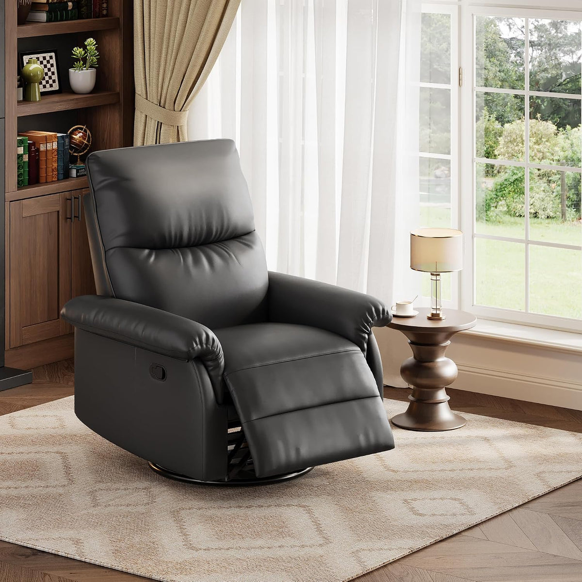 Manual Recliner Chair, 360° Swivel Rocker Glider Recliner with Padded Armrests, Modern PU Leather Upholstered Reclining Chair for Living Room Bedroom and Nursery (Dark Black)