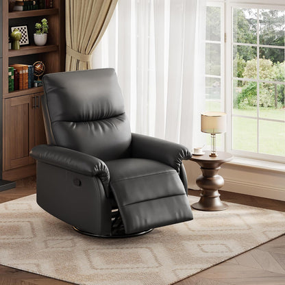 Manual Recliner Chair, 360° Swivel Rocker Glider Recliner with Padded Armrests, Modern PU Leather Upholstered Reclining Chair for Living Room Bedroom and Nursery (Dark Black)