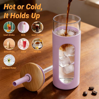 26 oz Glass Tumbler with Lid & Straw, Reusable Iced Coffee Cups and Smoothie Cup with Bamboo Lid for Boba Tea, Coffee, Juice, BPA-Free Borosilicate Glass Cup for Home, Office & Gifts – 1 Pack