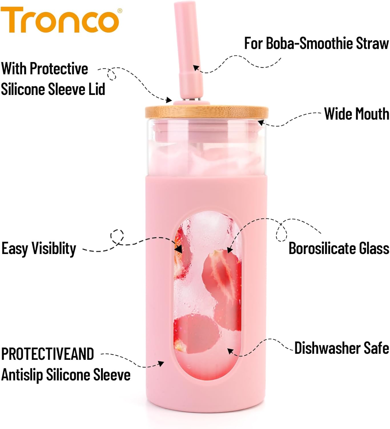 26 oz Glass Tumbler with Lid & Straw, Reusable Iced Coffee Cups and Smoothie Cup with Bamboo Lid for Boba Tea, Coffee, Juice, BPA-Free Borosilicate Glass Cup for Home, Office & Gifts – 1 Pack