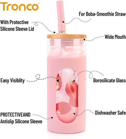 26 oz Glass Tumbler with Lid & Straw, Reusable Iced Coffee Cups and Smoothie Cup with Bamboo Lid for Boba Tea, Coffee, Juice, BPA-Free Borosilicate Glass Cup for Home, Office & Gifts – 1 Pack