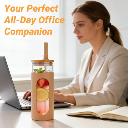 26 oz Glass Tumbler with Lid & Straw, Reusable Iced Coffee Cups and Smoothie Cup with Bamboo Lid for Boba Tea, Coffee, Juice, BPA-Free Borosilicate Glass Cup for Home, Office & Gifts – 1 Pack