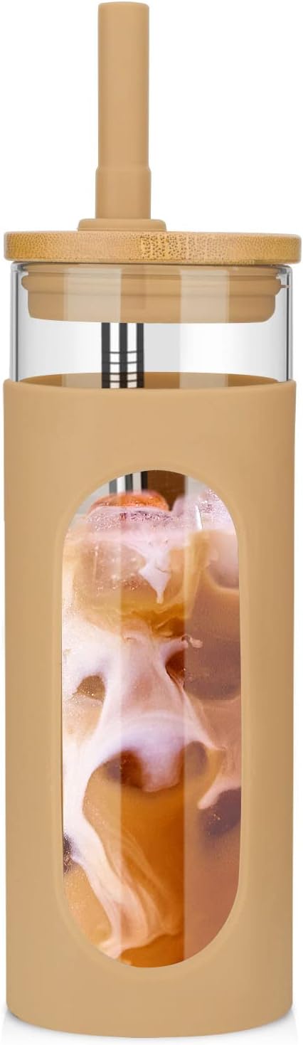 26 oz Glass Tumbler with Lid & Straw, Reusable Iced Coffee Cups and Smoothie Cup with Bamboo Lid for Boba Tea, Coffee, Juice, BPA-Free Borosilicate Glass Cup for Home, Office & Gifts – 1 Pack