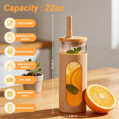 26 oz Glass Tumbler with Lid & Straw, Reusable Iced Coffee Cups and Smoothie Cup with Bamboo Lid for Boba Tea, Coffee, Juice, BPA-Free Borosilicate Glass Cup for Home, Office & Gifts – 1 Pack