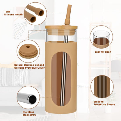 26 oz Glass Tumbler with Lid & Straw, Reusable Iced Coffee Cups and Smoothie Cup with Bamboo Lid for Boba Tea, Coffee, Juice, BPA-Free Borosilicate Glass Cup for Home, Office & Gifts – 1 Pack