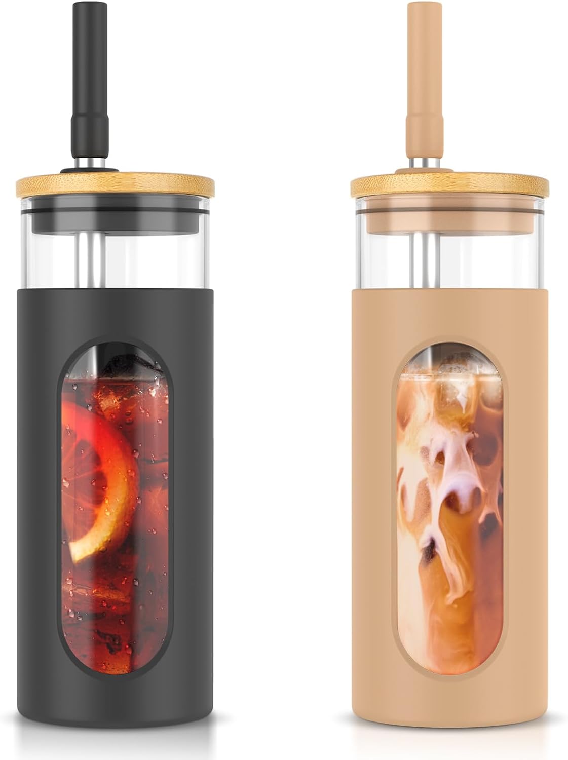 26 oz Glass Tumbler with Lid & Straw, Reusable Iced Coffee Cups and Smoothie Cup with Bamboo Lid for Boba Tea, Coffee, Juice, BPA-Free Borosilicate Glass Cup for Home, Office & Gifts – 1 Pack