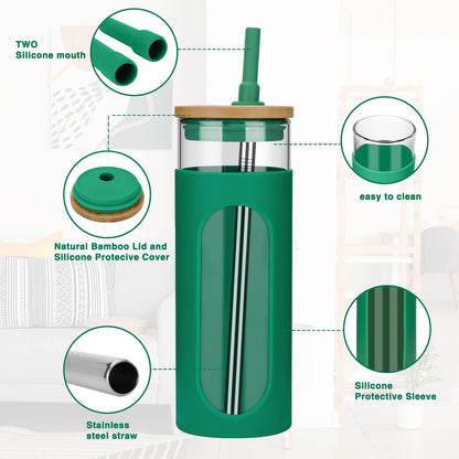 26 oz Glass Tumbler with Lid & Straw, Reusable Iced Coffee Cups and Smoothie Cup with Bamboo Lid for Boba Tea, Coffee, Juice, BPA-Free Borosilicate Glass Cup for Home, Office & Gifts – 1 Pack