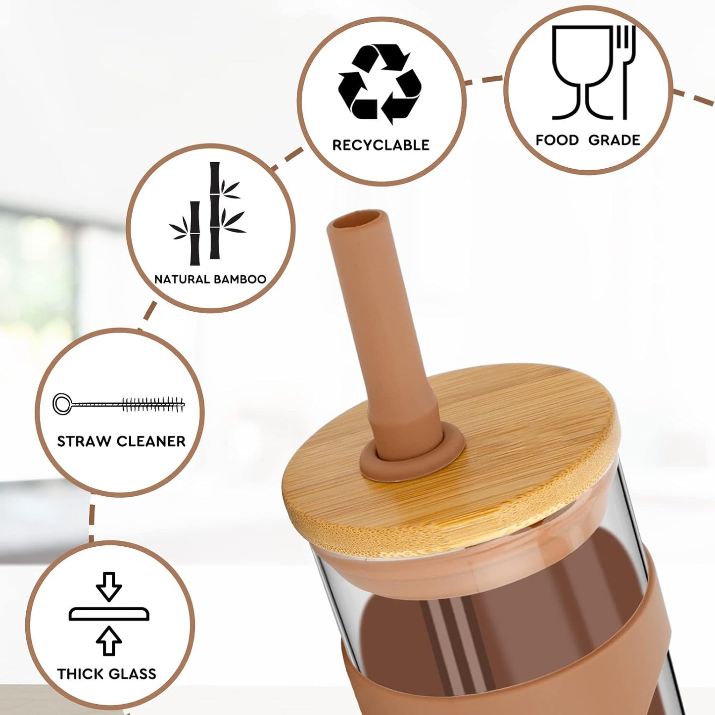 26 oz Glass Tumbler with Lid & Straw, Reusable Iced Coffee Cups and Smoothie Cup with Bamboo Lid for Boba Tea, Coffee, Juice, BPA-Free Borosilicate Glass Cup for Home, Office & Gifts – 1 Pack