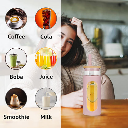 26 oz Glass Tumbler with Lid & Straw, Reusable Iced Coffee Cups and Smoothie Cup with Bamboo Lid for Boba Tea, Coffee, Juice, BPA-Free Borosilicate Glass Cup for Home, Office & Gifts – 1 Pack