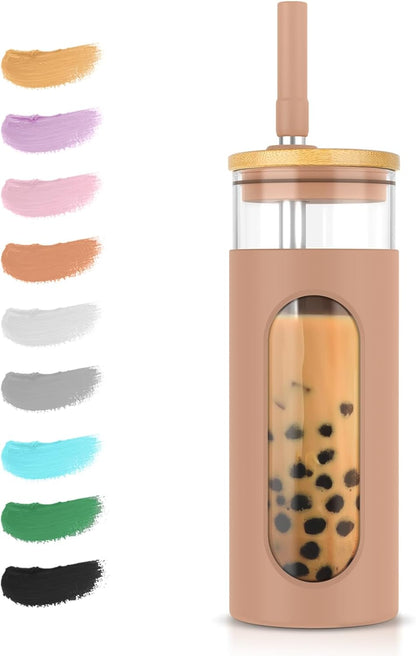 26 oz Glass Tumbler with Lid & Straw, Reusable Iced Coffee Cups and Smoothie Cup with Bamboo Lid for Boba Tea, Coffee, Juice, BPA-Free Borosilicate Glass Cup for Home, Office & Gifts – 1 Pack