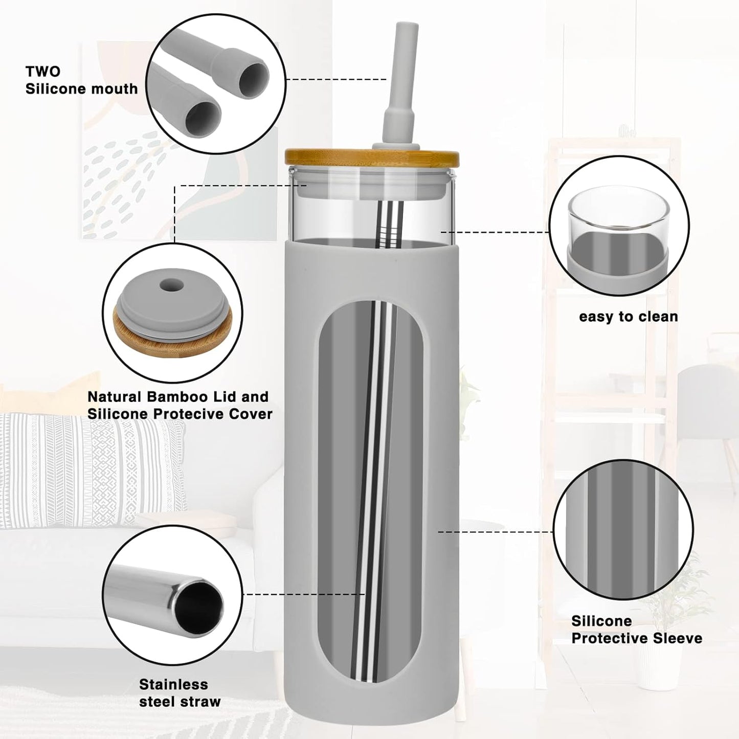 26 oz Glass Tumbler with Lid & Straw, Reusable Iced Coffee Cups and Smoothie Cup with Bamboo Lid for Boba Tea, Coffee, Juice, BPA-Free Borosilicate Glass Cup for Home, Office & Gifts – 1 Pack