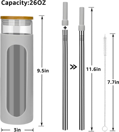 26 oz Glass Tumbler with Lid & Straw, Reusable Iced Coffee Cups and Smoothie Cup with Bamboo Lid for Boba Tea, Coffee, Juice, BPA-Free Borosilicate Glass Cup for Home, Office & Gifts – 1 Pack