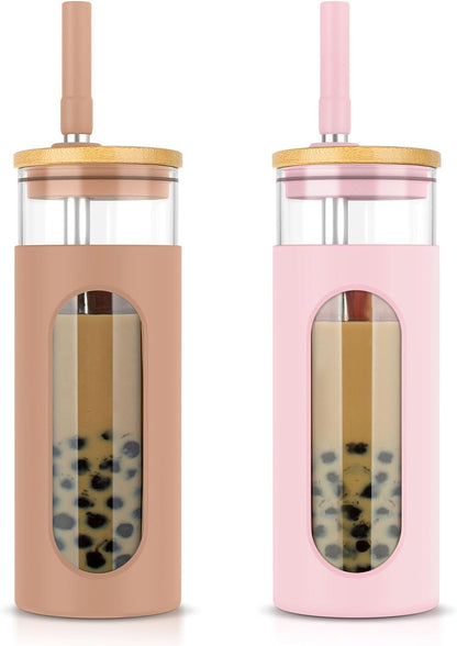 26 oz Glass Tumbler with Lid & Straw, Reusable Iced Coffee Cups and Smoothie Cup with Bamboo Lid for Boba Tea, Coffee, Juice, BPA-Free Borosilicate Glass Cup for Home, Office & Gifts – 1 Pack