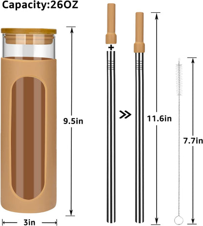 26 oz Glass Tumbler with Lid & Straw, Reusable Iced Coffee Cups and Smoothie Cup with Bamboo Lid for Boba Tea, Coffee, Juice, BPA-Free Borosilicate Glass Cup for Home, Office & Gifts – 1 Pack
