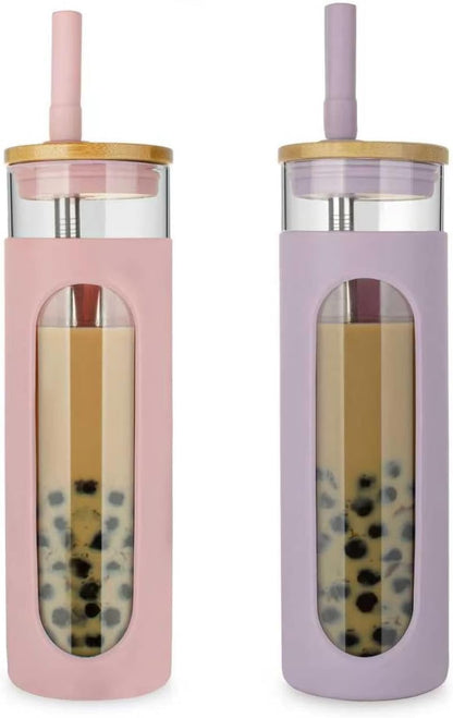 26 oz Glass Tumbler with Lid & Straw, Reusable Iced Coffee Cups and Smoothie Cup with Bamboo Lid for Boba Tea, Coffee, Juice, BPA-Free Borosilicate Glass Cup for Home, Office & Gifts – 1 Pack