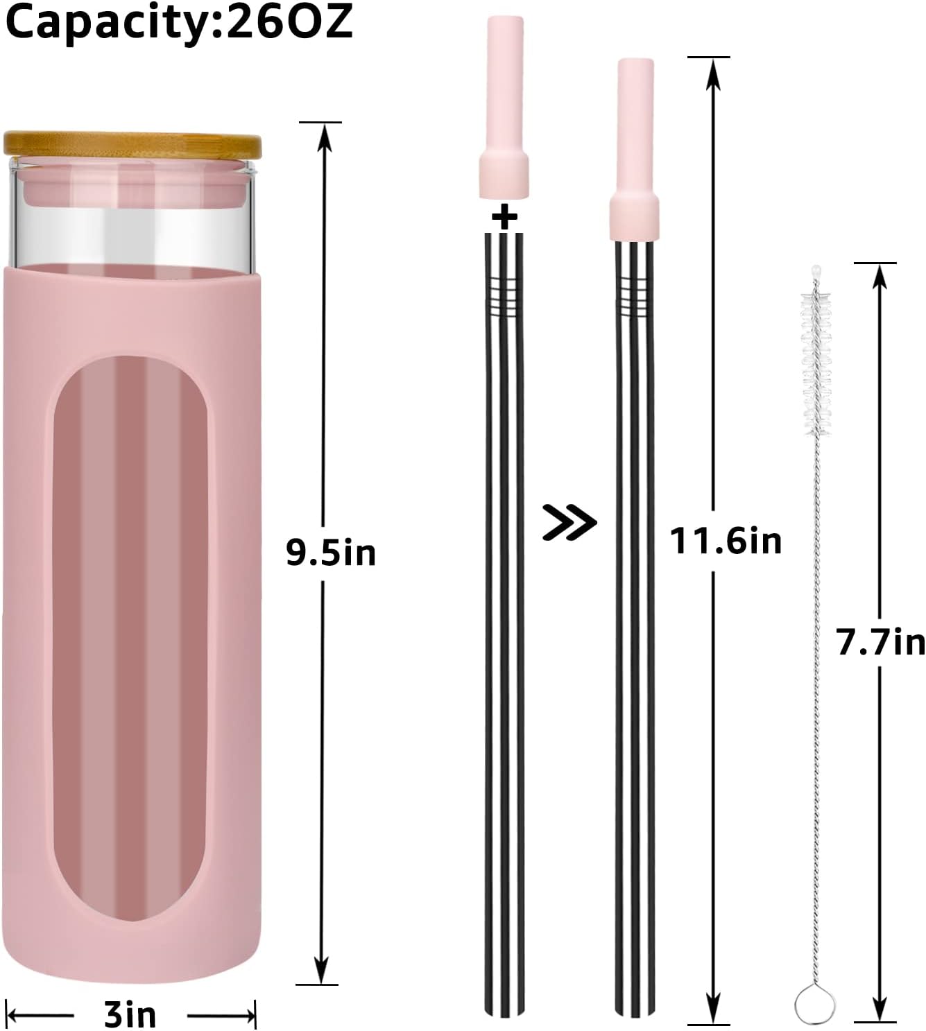 26 oz Glass Tumbler with Lid & Straw, Reusable Iced Coffee Cups and Smoothie Cup with Bamboo Lid for Boba Tea, Coffee, Juice, BPA-Free Borosilicate Glass Cup for Home, Office & Gifts – 1 Pack
