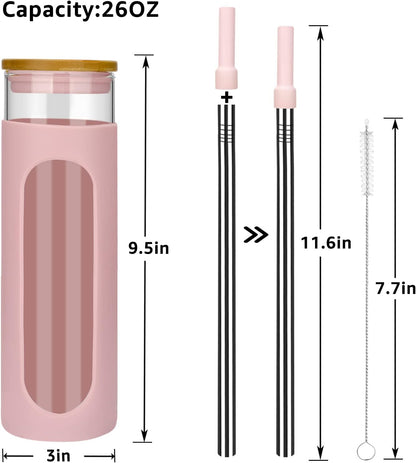 26 oz Glass Tumbler with Lid & Straw, Reusable Iced Coffee Cups and Smoothie Cup with Bamboo Lid for Boba Tea, Coffee, Juice, BPA-Free Borosilicate Glass Cup for Home, Office & Gifts – 1 Pack