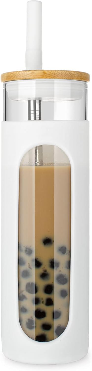 26 oz Glass Tumbler with Lid & Straw, Reusable Iced Coffee Cups and Smoothie Cup with Bamboo Lid for Boba Tea, Coffee, Juice, BPA-Free Borosilicate Glass Cup for Home, Office & Gifts – 1 Pack