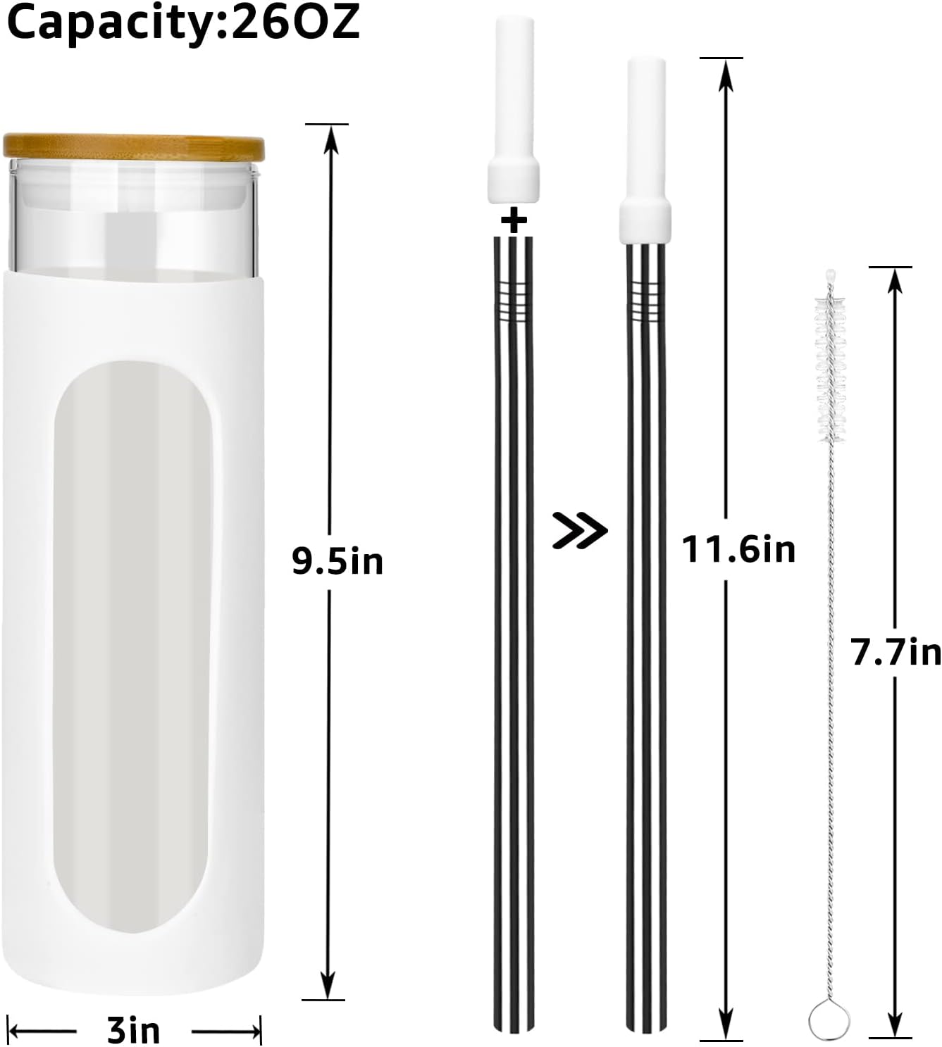 26 oz Glass Tumbler with Lid & Straw, Reusable Iced Coffee Cups and Smoothie Cup with Bamboo Lid for Boba Tea, Coffee, Juice, BPA-Free Borosilicate Glass Cup for Home, Office & Gifts – 1 Pack
