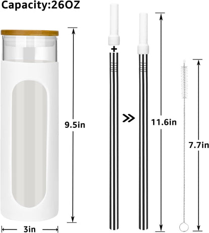 26 oz Glass Tumbler with Lid & Straw, Reusable Iced Coffee Cups and Smoothie Cup with Bamboo Lid for Boba Tea, Coffee, Juice, BPA-Free Borosilicate Glass Cup for Home, Office & Gifts – 1 Pack