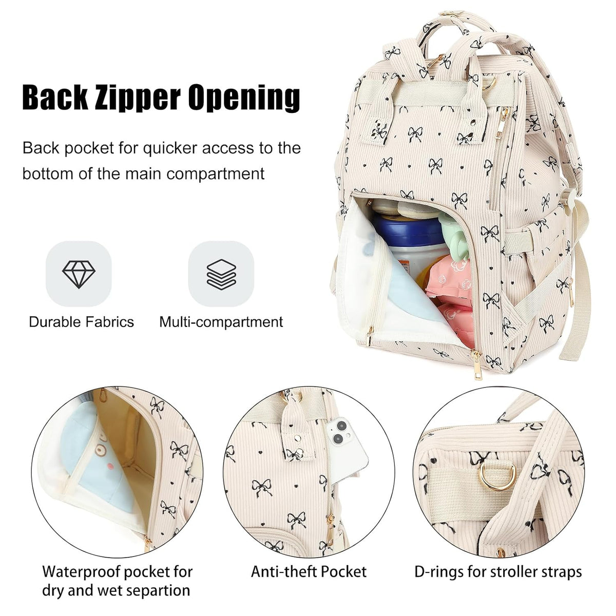 Baby Diaper Bag Backpack for Mom, Large Capacity Travel Nappy Bag for Boys & Girls with Stroller Straps (Corduroy Checkered Brown)