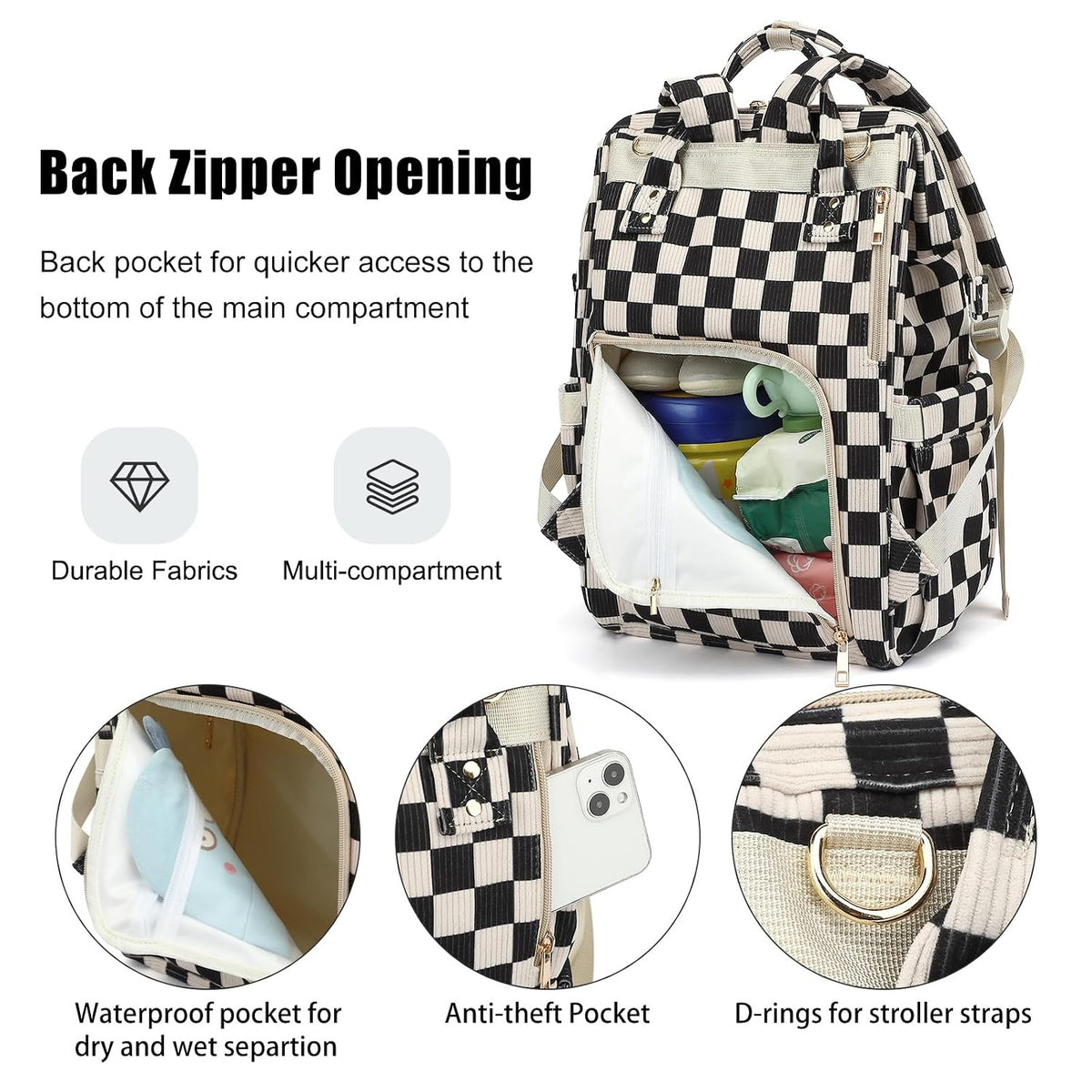 Baby Diaper Bag Backpack for Mom, Large Capacity Travel Nappy Bag for Boys & Girls with Stroller Straps (Corduroy Checkered Brown)